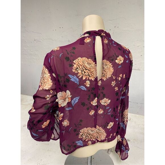 Forever 21 Burgundy Floral Shear Long Sleeve Blouse Collar Sash Ladies Size Smal - Picture 3 of 5